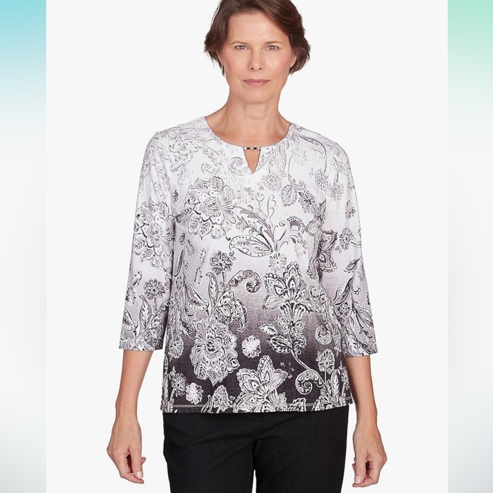 Alfred Dunner Women's Classics Neutrals Ombre Scroll Floral Split Neck Top
